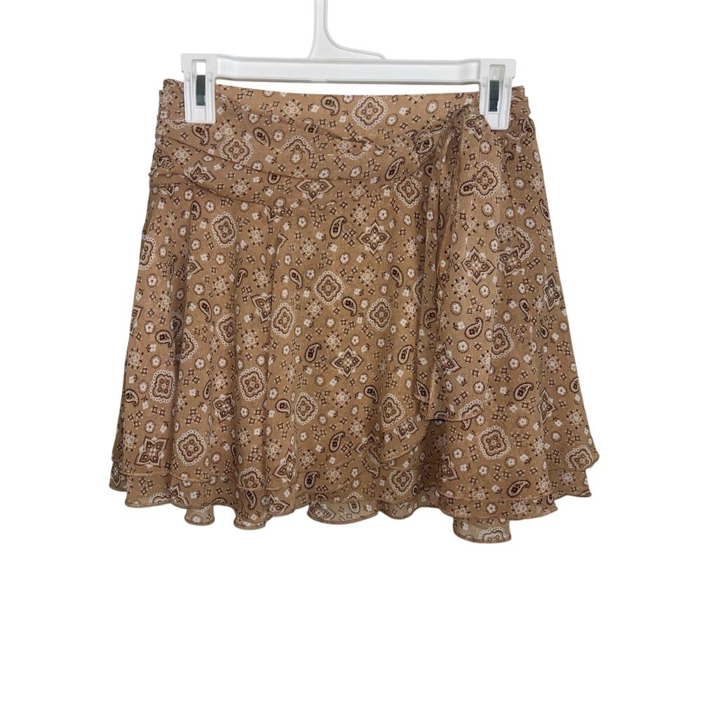 Aerie Brown Paisley Bandana Chiffon Mini Wrap Skirt Small Western Festival Rodeo